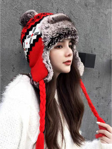 Warm Fur Knitted Hat W/ Ear Flaps & Fur Tassels