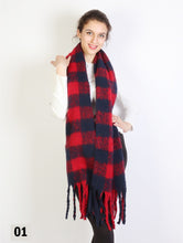Load image into Gallery viewer, Plush Speckled Checker Scarf W/ Long Fringe - Navy/Burgundy
