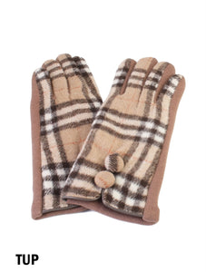 Double Buttoned Plaid Touch Screen Glove - Taupe